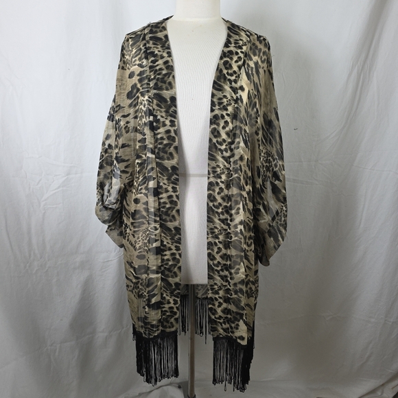 Steve Madden Leopard Fringe Beach Coverup Black One Size Plus Animal Print Sheer - Picture 1 of 4